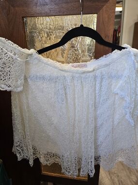 Ivory Lace Off-Shoulder Crop Top by Heart & Root